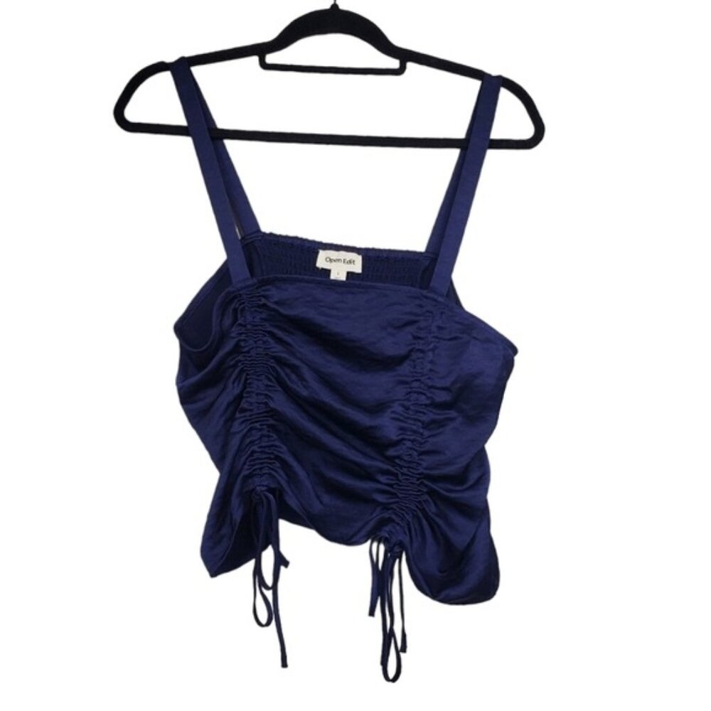 Open Edit Womens Sleeveless Blue Satin Cinch Front Tank Top Size S NWT